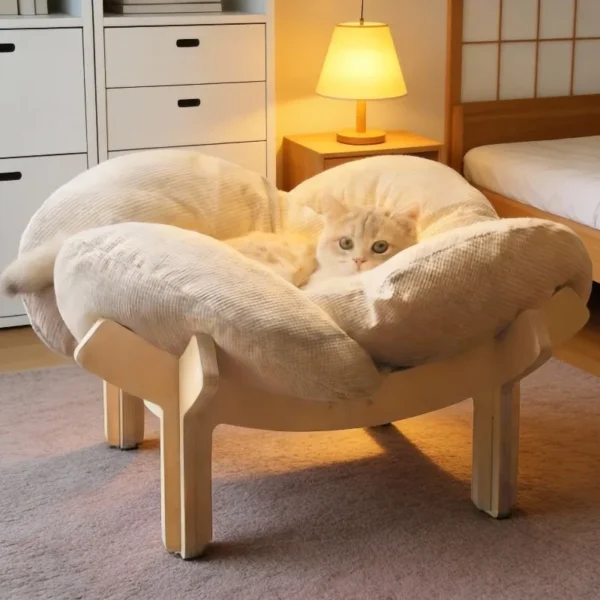 Soft Cushion Wooden High Leg Cat Bed